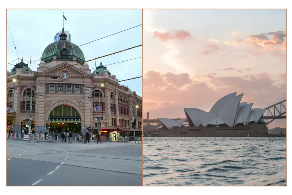 Street Station in Melbourne and the Sydney Opera House at sunset