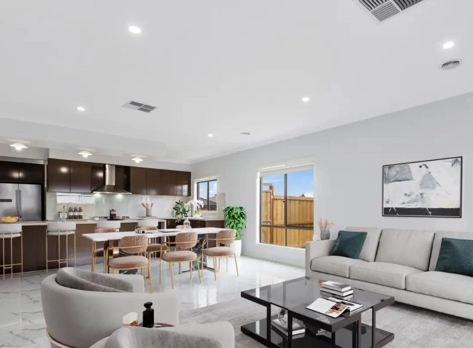 a living room with a table and chairs